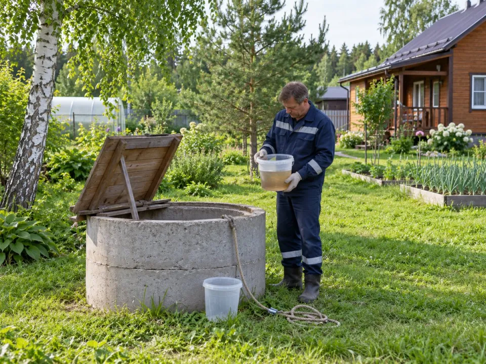 Мастер оценивает мутную воду из колодца перед чисткой